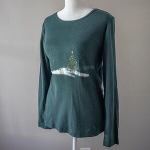 Y2K style Christmas Winter Dark Green long sleeve shirt Decorated Originals Sz S